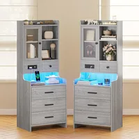 Grey Nightstand Set of 2 with Charging Station,49.2" LED Night Stand for Bedroom,Tall Bedside Table with Bookshelf and Drawers, 1