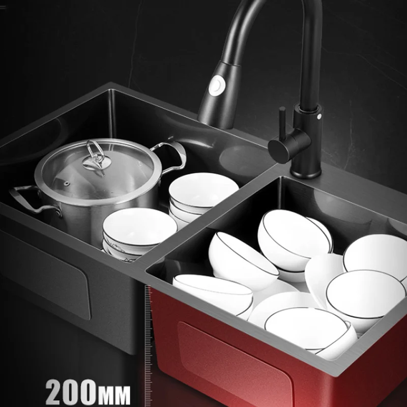 Lavabo per verdure in acciaio inossidabile 304 Nano nero per lavello da cucina per apparecchio domestico con accessori per lo scarico del rubinetto della cucina Topmount