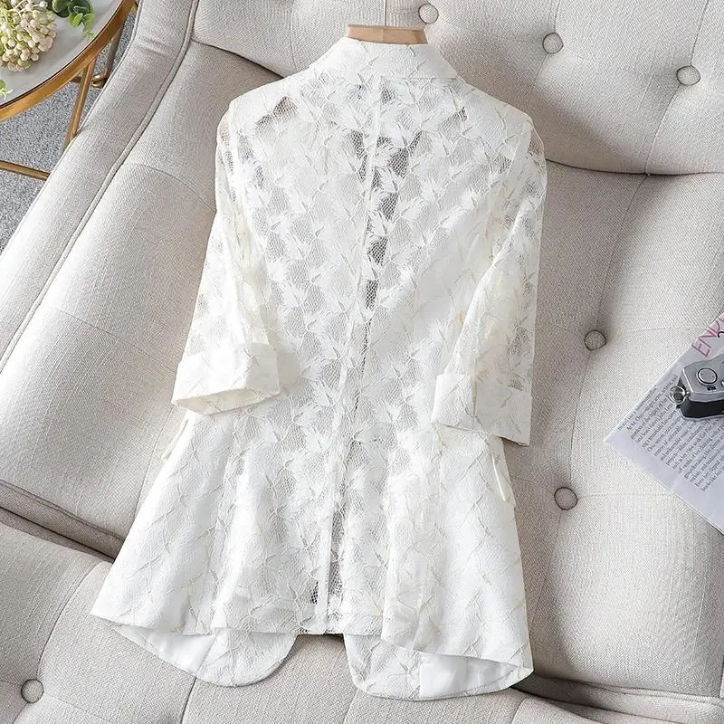 White Lace Suit Jacket Women's Thin 2022 New Fat MM Summer  Sunscreen Clothing Western-Style High-End Blazer Female Blue Blouser
