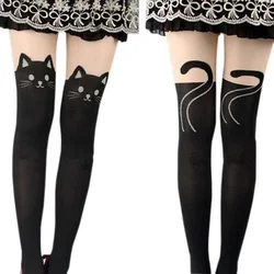 Women’s Cute Black Cat Print Silk Knee - High Socks - Cozy and Romantic Over - the - Knee Socks - Unicode