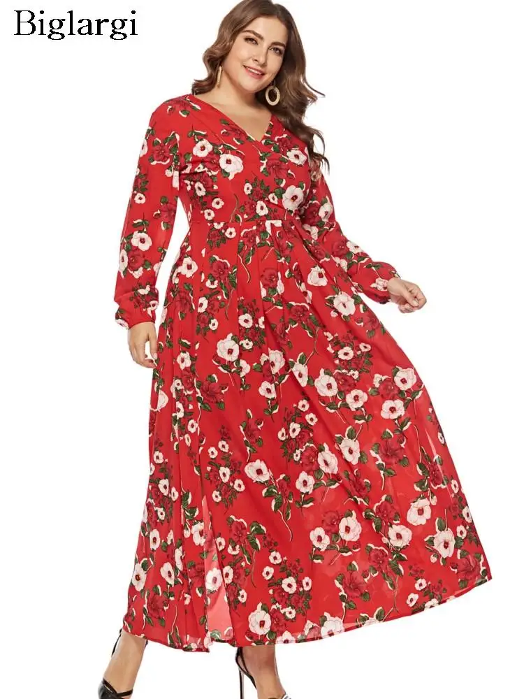 

Plus Size Autumn Floral Long Dress Women Flower Print Long Sleeve Ladies Dresses Fashion Casual Pleated Woman Dress 2023