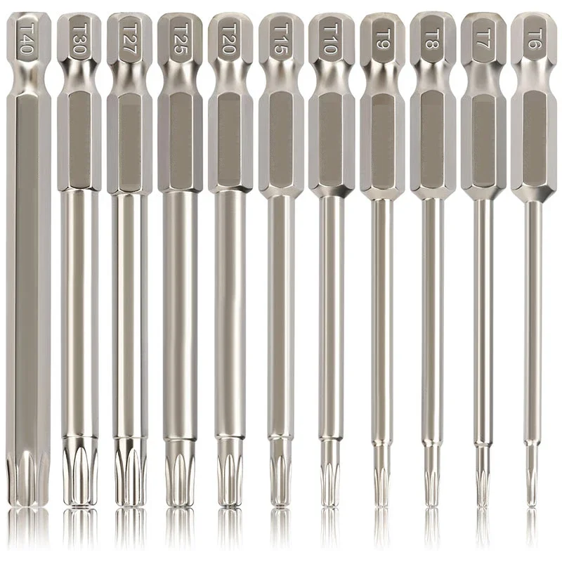 

11pcs 75mm Torx Head Drill Bit Set S2 Steel Magnetic Torx Bit Set T6-T40 1/4 Inch Hex SecurityTorx Screwdriver Bits with Hole