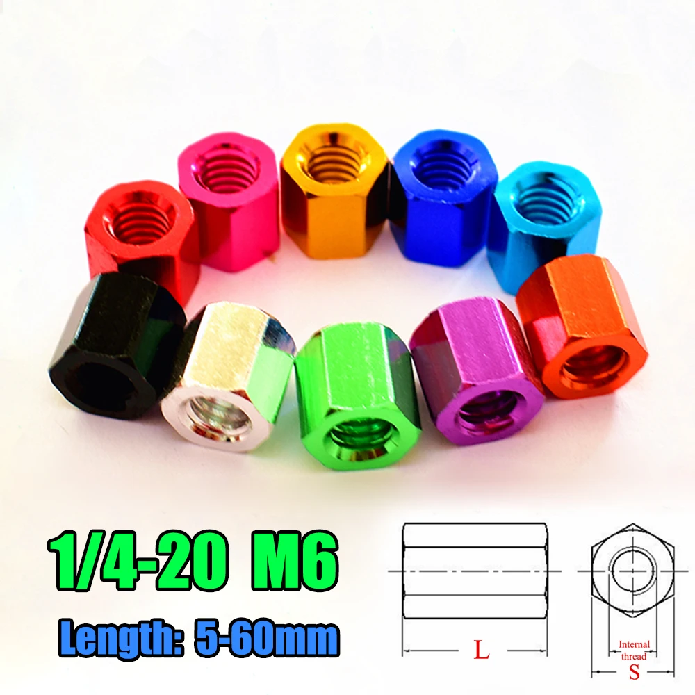 1Pcs M6 1/4-20 Aluminium Alloy Hex Standoff Spacer Long Rod Coupling Hex Nut Bolt Female Threaded Sleeving Double Pass L=5-60mm
