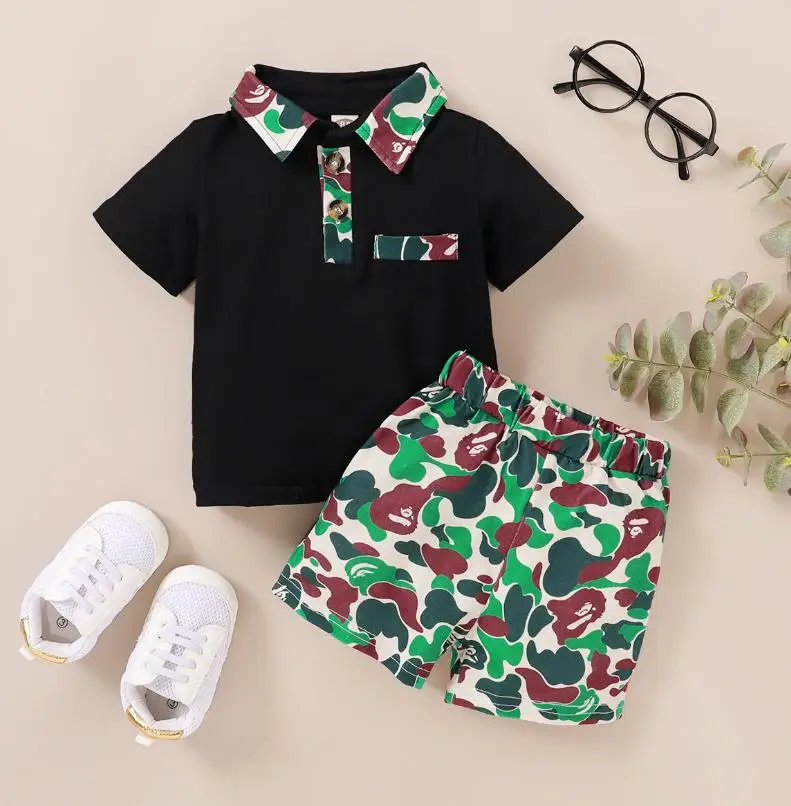 

Designer Baby boy clothes Summer Boutique Outfits Solid colour short sleeved print tops+camouflage shorts infant newborn sets