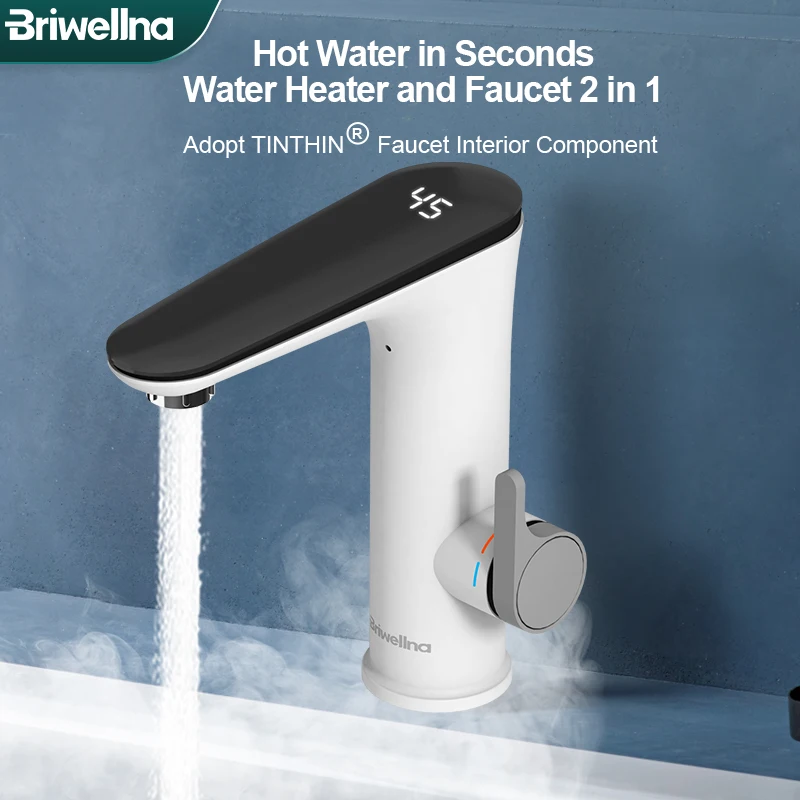 

Briwellna Tankless Water Heater 220V Flowing Heating Electric Faucet Digital Display Basin Mixer Tap 2 in 1 Water Heater Geyser