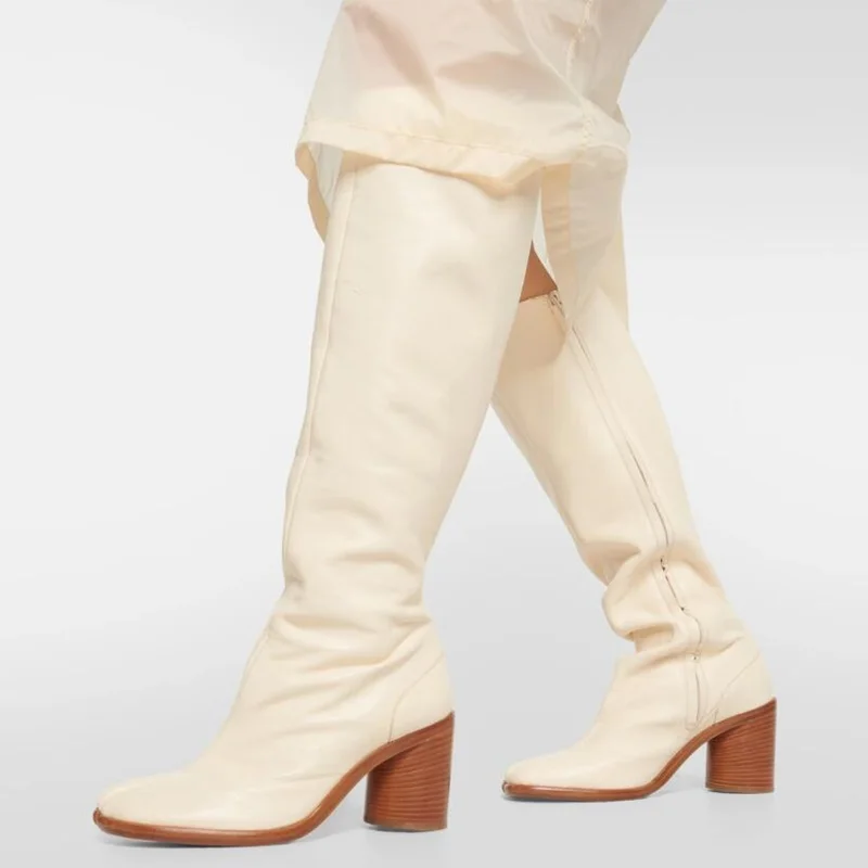 

Split-toe Block Heel Knee-high Boots Grained Genuine Leather Cleft toe Winter Long Boots Chunky Heels White Black Brown