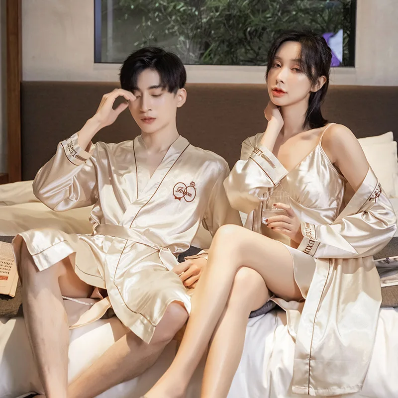 

Атласная пижама для женщин, шелковая пижама для пар на весну и осень, мужские халаты, шорты на бретельках, сексуальный халат для невесты, два комплекта с вышивкой