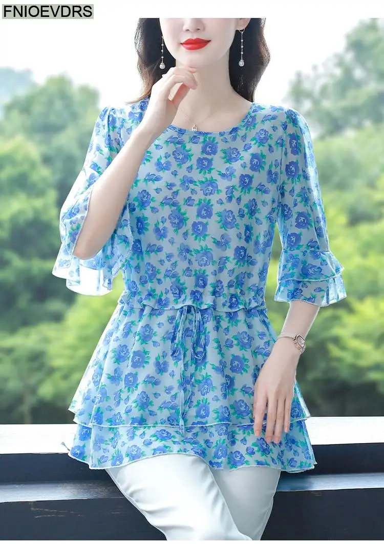 S-4XL Loose Clothes 2023 Women Summer Short Sleeve Elegant Ruffles Shirts Casual Chiffon Floral Tunic Peplum Tops And Blouses