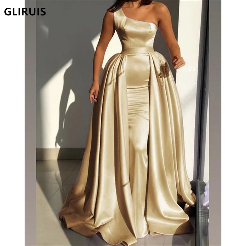 

Gorgeous Satin Evening Dresses One Shoulder Luxury Detachable Sweep Sash Mermaid Satin Prom Dress robes de cocktail