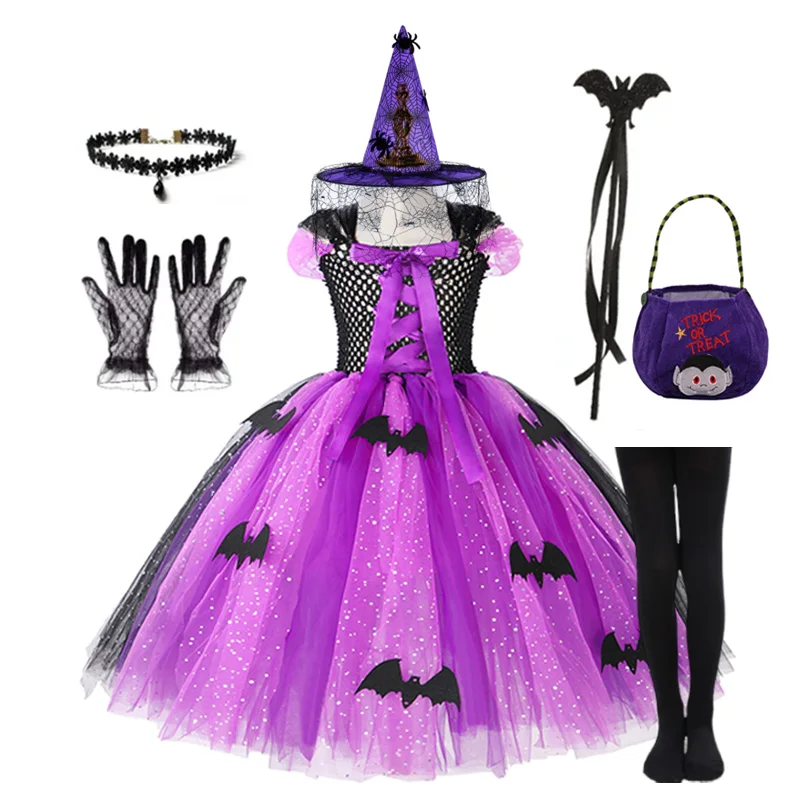 thumbnail image 1 of Vestido de malla de murciélago de bruja para niñas, disfraz de Cosplay para Halloween, fiesta de carnaval, sombrero de bruja tejido de cola para niños pequeños, vestido de Graduación, 1 of 5