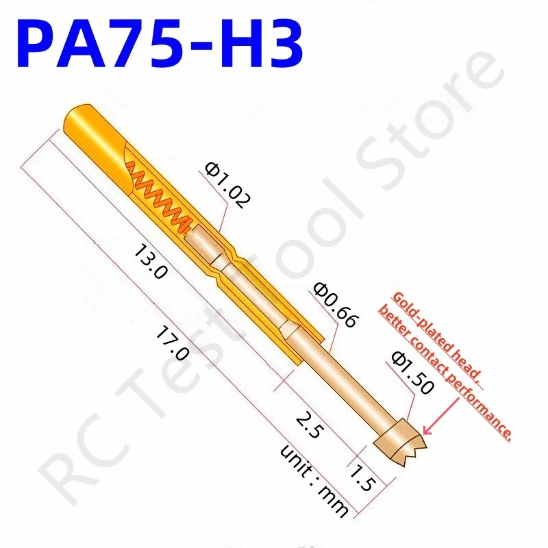 

100PCS PA75-H3 Spring Test Probe PA75-H Test Pin Test Tool 17.0mm Dia1.02mm Gold Needle Tip Dia 1.50mm Pogo Pin P75-H P75-H3