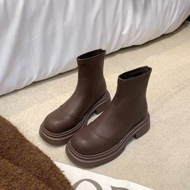 Bottes Martin en cuir véritable marron pour femme, bottes courtes polyvalentes à semelle épaisse, fines, offre spéciale, automne/hiver 2023, Maillard Women's Boots_voghion.com