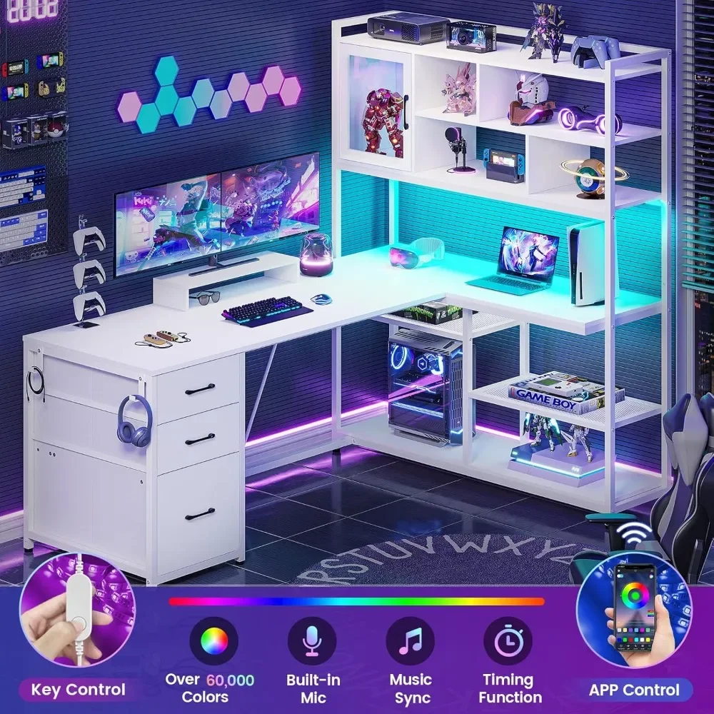 L Shaped Computer Desk, 58'' Office Desk with 3 Drawers and Bookshelf, L Shaped Corner Desk with Storage Shelves and LED Light