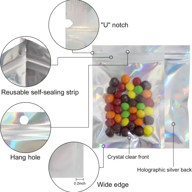 Holographic Mylar Bags 100pcs Holographic Resealable Mylar Bags Ziplock Candy Suger Tee Jewelry Beauty Storage Bag