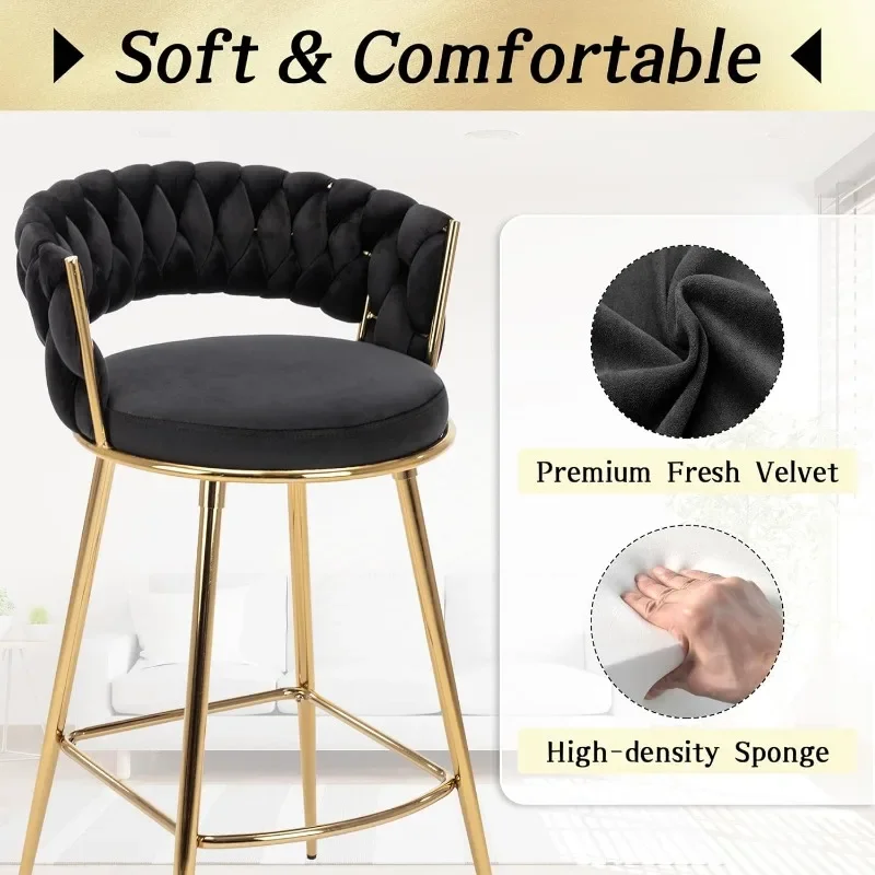 Modern Bar Stools Set of 2, Velvet Counter Stools, Bar Chairs with 29 Inches Height Comfy Seat, Handmade Woven Back Armrest