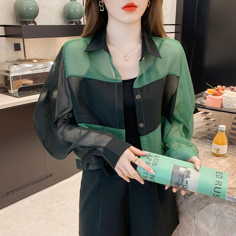 

Ladies Fashion Casual Contrast Stitching Shirts Blouse Women Tops Woman Button Up Shirt Female Girls Long Sleeve Blouse Py58311