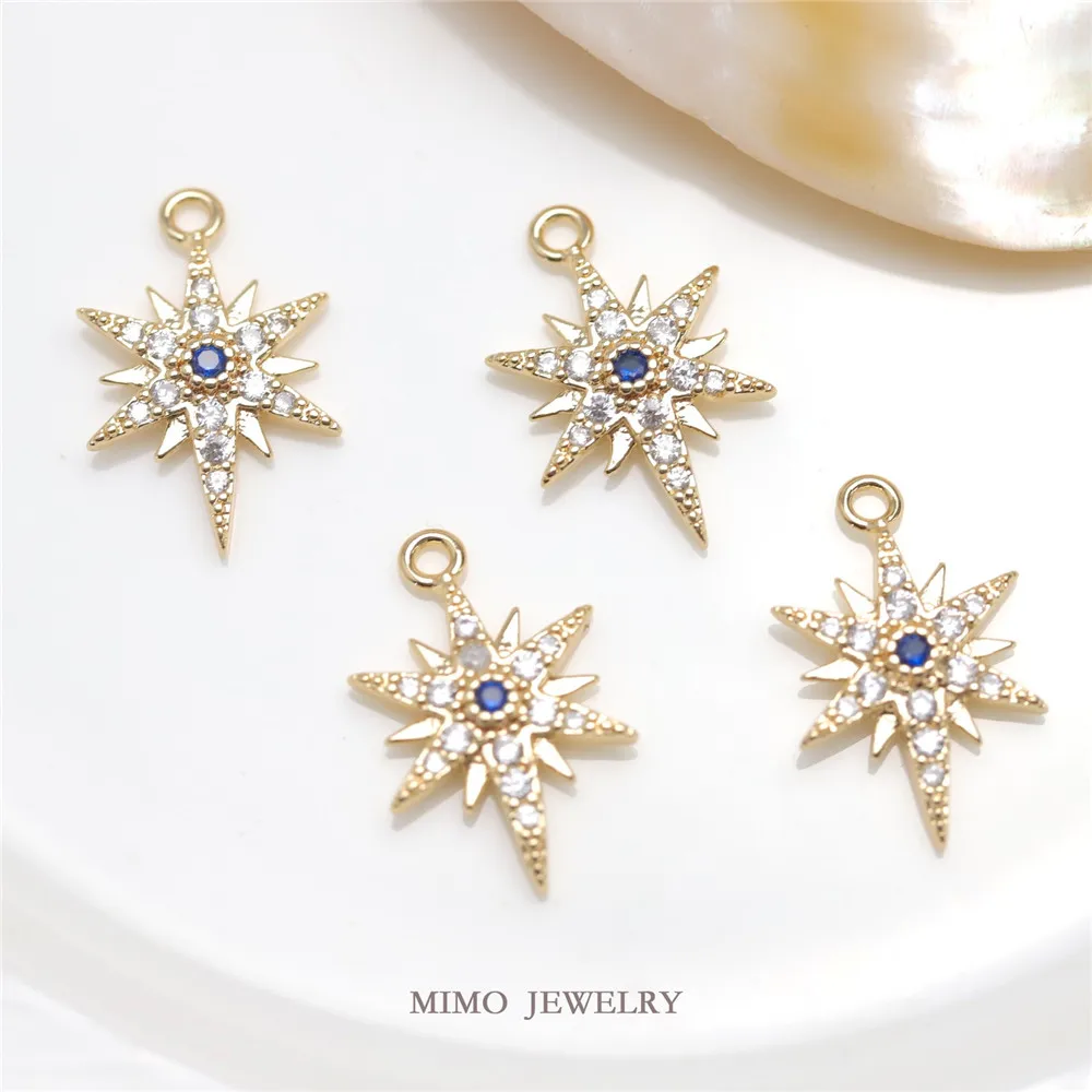 Color copper plated gold micro-inlaid blue zircon eight Star pendant handmade DIY accessories 5pcs width 8mm high quality octaheda eight faces chain production bags hardware accessories metal package chain