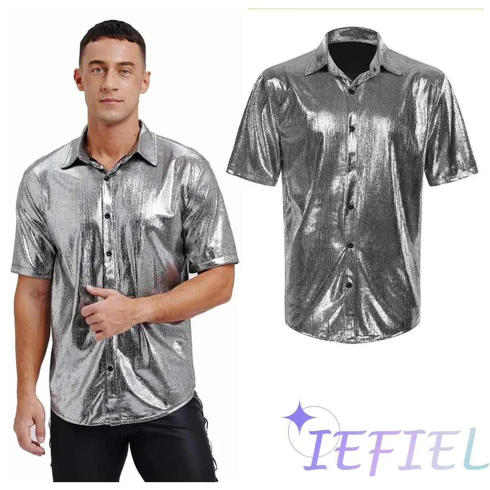 

Mens Metallic Shiny Shirt Tops for Disco Concert Club Bar Dance Show Role Play Costume Stage Performance Vintage Themed Party