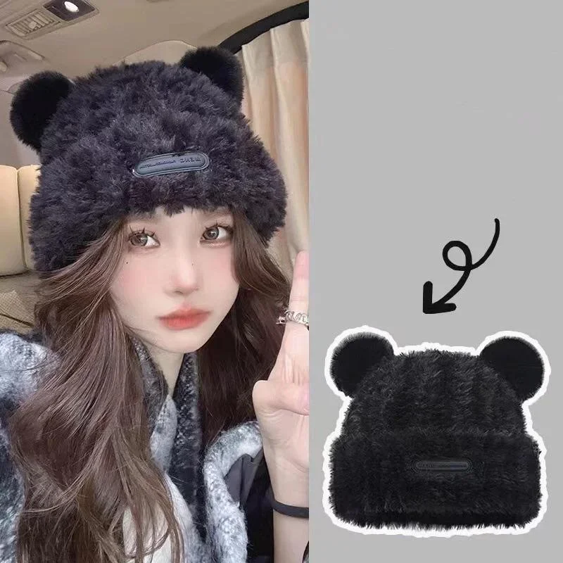 

New Cute Ear Women Earmuffs Cap Cartoon Bear Ear Protection Hat Solid Color Plush Beanies Girl Winter Warm Fluffy Fur Headgear