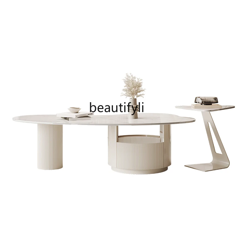 

Nordic Stone Plate Coffee Table Modern Simple round Retractable Living Room Home Small Apartment Cream Style Light Luxury