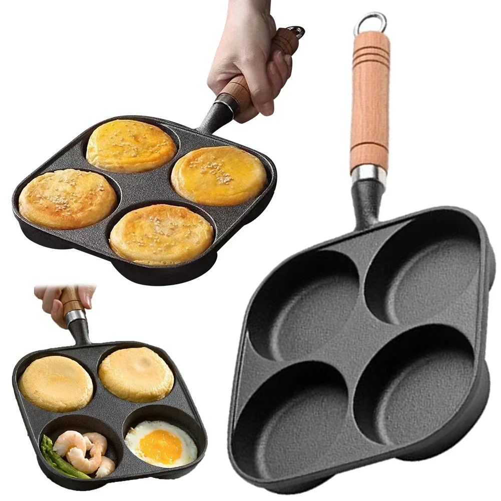 4-Hole Non Stick Omelet Pan Breakfast Burger Egg Pancake Maker Wooden Handle Cookware Pancake Pan for Gas Stove Induction Cooker
