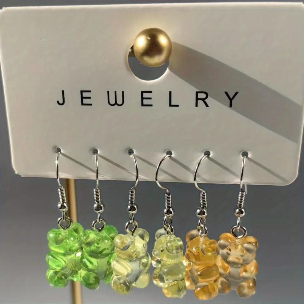 Candy Bear Charm Drop Earrings Colorful Resin Transparent Bear Ear Jewelry Gift For Kids Children Girls Accessories 3 Pairs dangle earrings drop earrings animal earrings