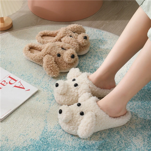 Chaussons de dessin animé de chien mignon pour hommes et femmes, chaussures  en coton pour la maison, pantoufles en peluche douce, imperméables et  chaudes, chaussures d'intérieur floues pour couples, hiver - AliExpress