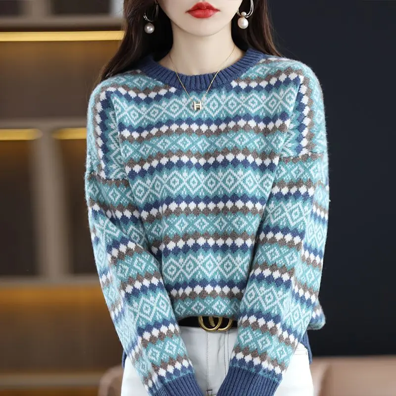 

Autumn Winter Warm Loose Striped Knitted Sweaters Casual Fashion Long Sleeve O-Neck Women Jacquard Geometric Jumpers Pullovers