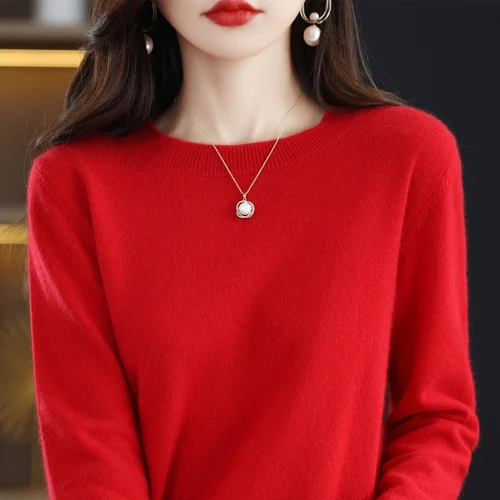 100% 순수 울 캐시미어 스웨터 여성용, O-넥 풀오버, 캐주얼 니트 탑, 여성 코트, 한국 패션, 가을 및 겨울 2