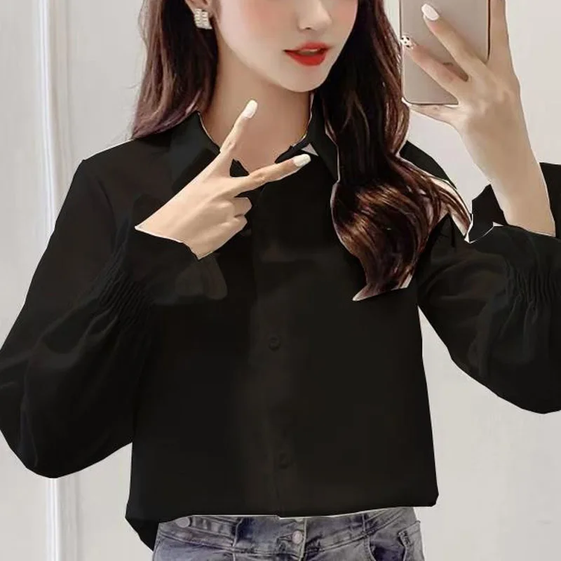 Classic Solid Color Office Single-breasted Blouse Women Flare Sleeve Polo Collar Korean Lady Chiffon All-match Casual Shirt