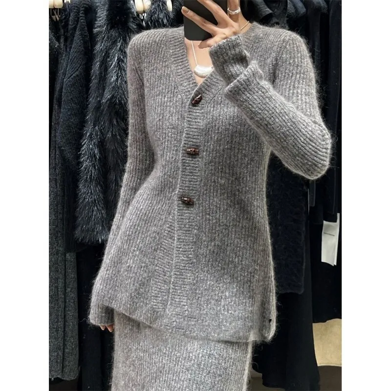 

New Korean Fashion Knitted Two Piece Sets Womens Outifits Autumn Winter V-neck Twist Pattern Cardigan Sweater + Midi Skirt Sets