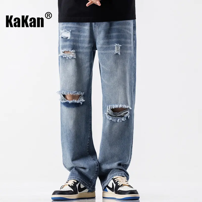 Kakan - Washed Loose Distressed Jeans Men's Wear, Versatile Style Straight Leg Wide Leg Casual Blue Long Jeans K24-JD192