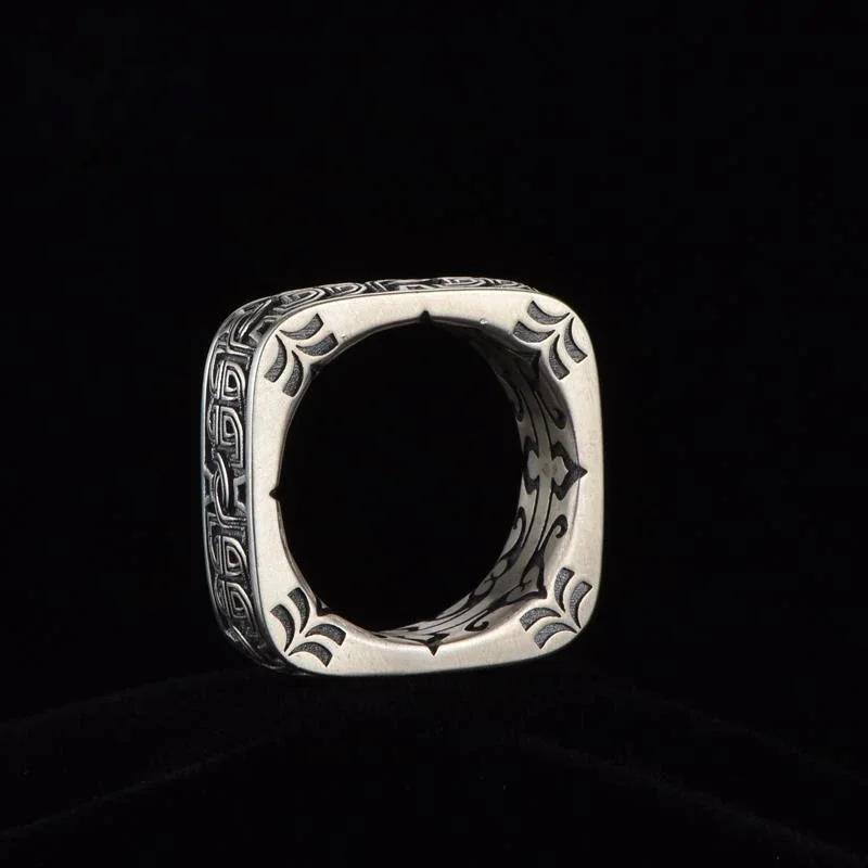 HX Silver Color Men's Ring Retro Square Round Pangu Trend Personality Domineering Handmade Ring Jewelry Accessories silver ring silver rings