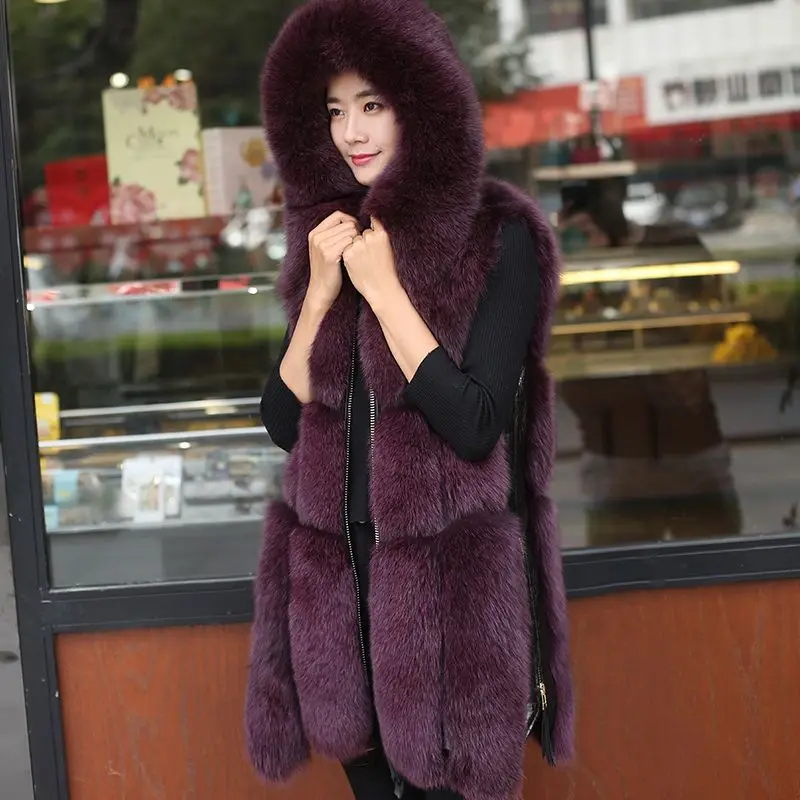 2023 autumn new women faux fur coat thick warm slimming short waistcoat fashion casual solid color outwear simple all match top 2023 Autumn Winter New Women Faux Fox Fur Coat Mid Length Version Hooded Waistcoat Thicken Warm Casual Outwear Fashion Slim Top