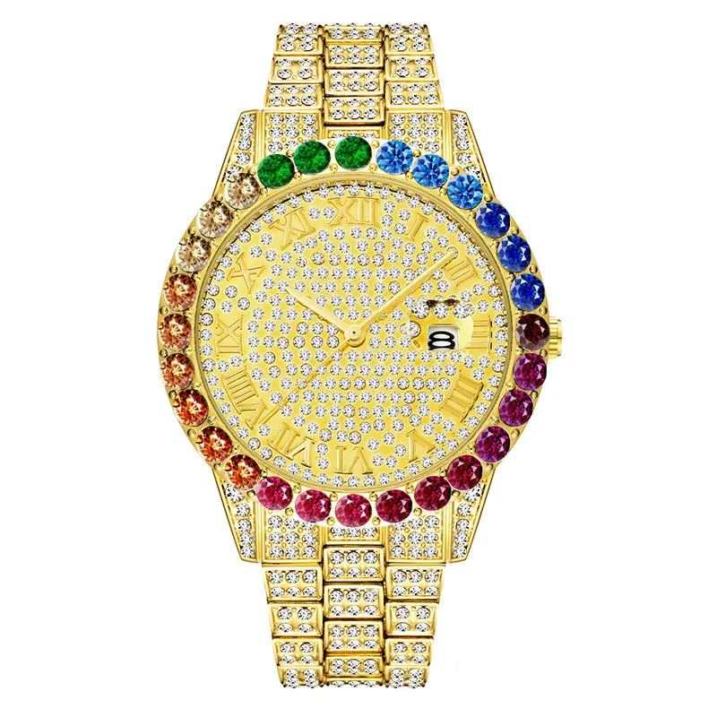 

Hip Hop Men Iced Out Watches Colorful Diamond Date Quartz Wristwatches Stainless Steel Strap Watch For Jewelry