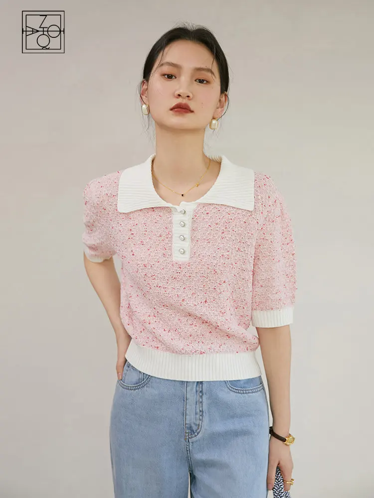 

ZIQIAO Polo Neck Patchwork Design Women Short Summer Thin Pullovers 2023 New Women Half-Sleeved Blouse Office Lady Tops