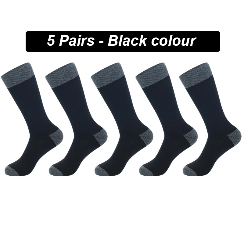 Men's Long Socks Pack - 5 Pairs Striped & Solid Black Cotton Crew Socks | Comfortable Plus Size EU40-47