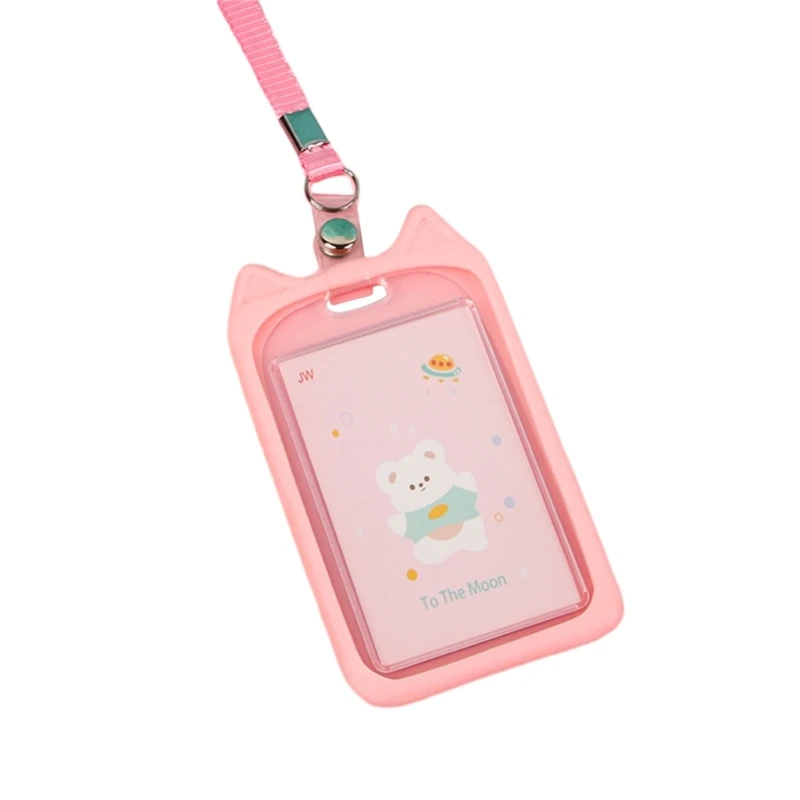 Cartoon Silicone Card Cover Cat Ear Badge Holder Vertical with Lanyard Neck Strap for Cat Lovers