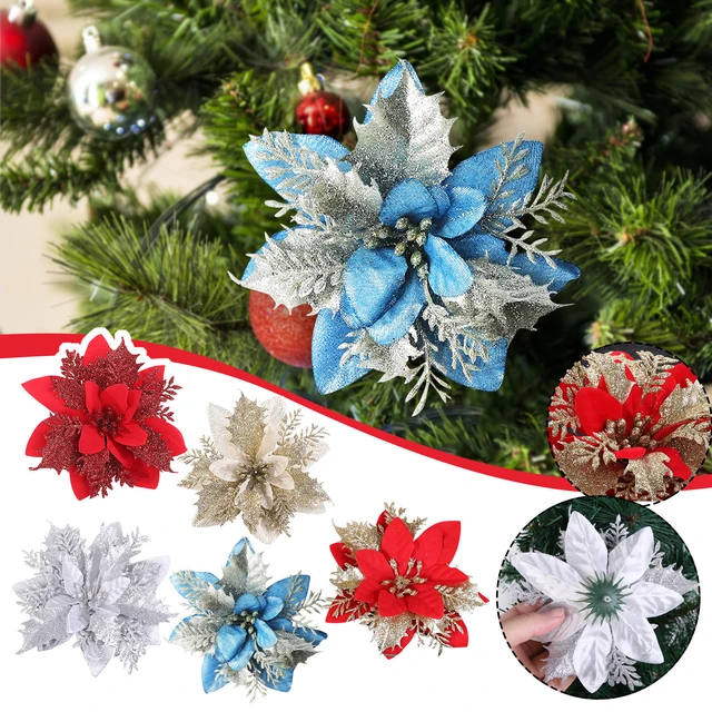 Bulk Large Christmas Glitter Poinsettia Flowers Artificial Flowers for  Christmas Tree New Year Ornaments WholesaleRed