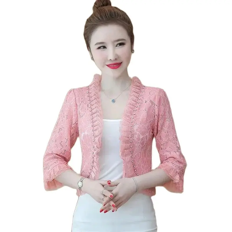 

Spring Summer Short Cardigan Sweater Women 2024 New Loose Three-Quarter Sleeves Lace Hollowing Out V-Neck Knitwear Top Female