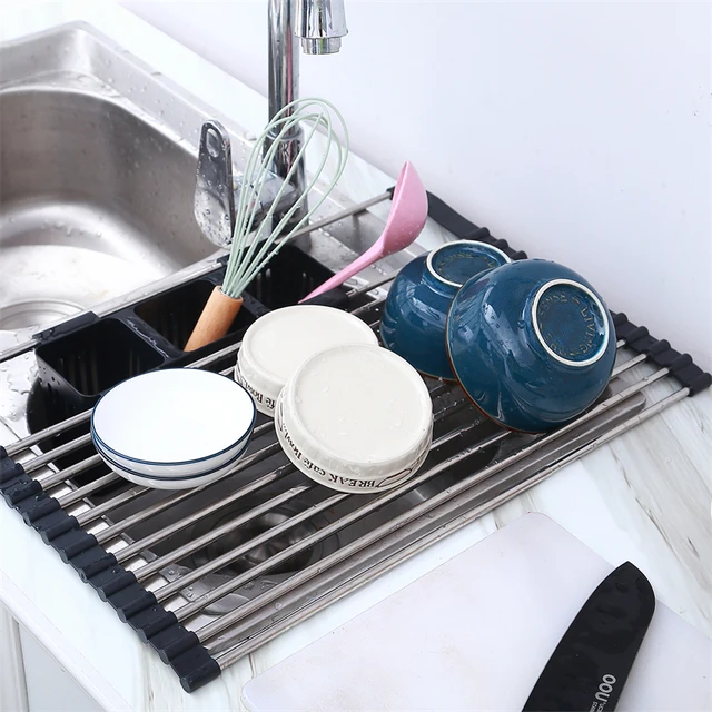 Expandable Roll Up Dish Drying Rack Up to 23'' with 2 Utensil