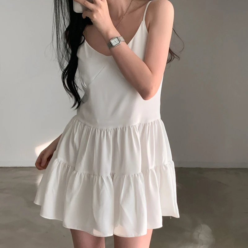 

Sexy V-Neck White Halter Mini Dresses Women Summer Slim Sleeveless Short Party Doll Dresses 2 Colors