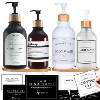 300/500ml Bathroom Soap Dispenser Bottle Shampoo Shower Gel Bottle Press Type Refillable Empty Glossy Bottle Waterproof Labels