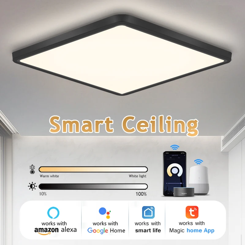 

Tuya Smart LED Ceiling Lamp Square 24W 36W Remote/Phone App Voice Alexa/Google Control Ultrathin Large Ceiling Light Living Room