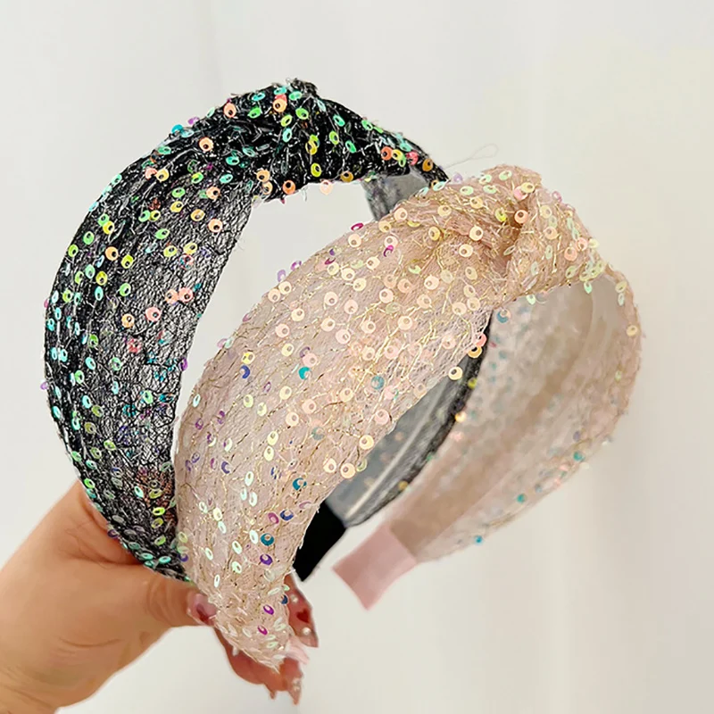 

5PCS 6cm Sequins Mesh Women Hair Headbands Bling Bling Knotted Hairbands Girls Fashion Summer Hair Hoops