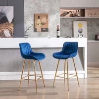 26 Inch Set of 2  Stools,with Steel Frame Footrest Velvet Fabric Golden Leg Simple  Stool,BLUE 1