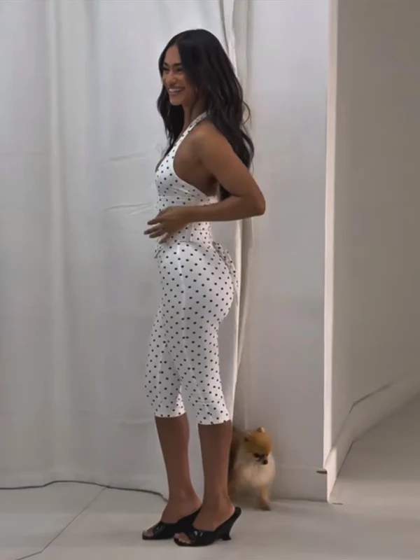 Women Polka Dot Halter Neck Corset Sleeveless Top Capri Pants Set Two Piece Bodycon Street Casual Slimming Spring Suit Ladies