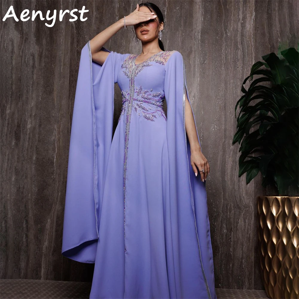 

Aenyrst Purple V Neck Long Sleeves Evening Dresses For Women A Line Chiffon Beading Prom Dress Floor Length Formal Party Gowns
