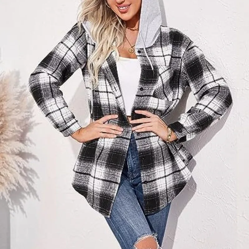 Autumn and Winter Women's Hooded Plaid Drawstring Button Contrast Pocket Long Sleeve Cardigan Shirt Coat Fashion Casual Tops