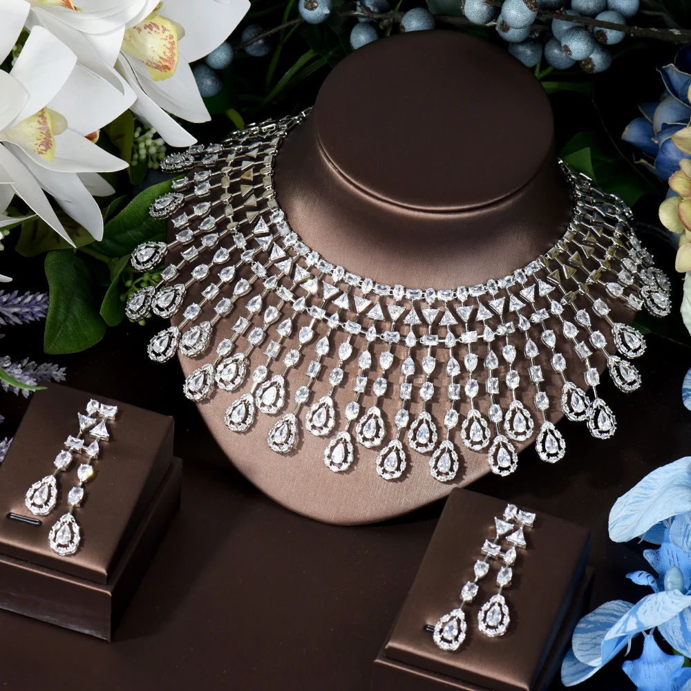 

HIBRIDE Luxury Gorgeous Bride Wedding Necklace Jewelry Sets For Women Full Cubic Zirconia Earring Party Accessories N-1131